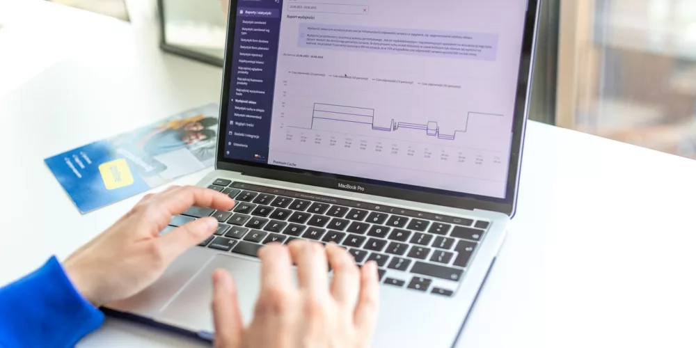 Hands typing on a laptop analyzing business data by a window, showcasing technology in action.