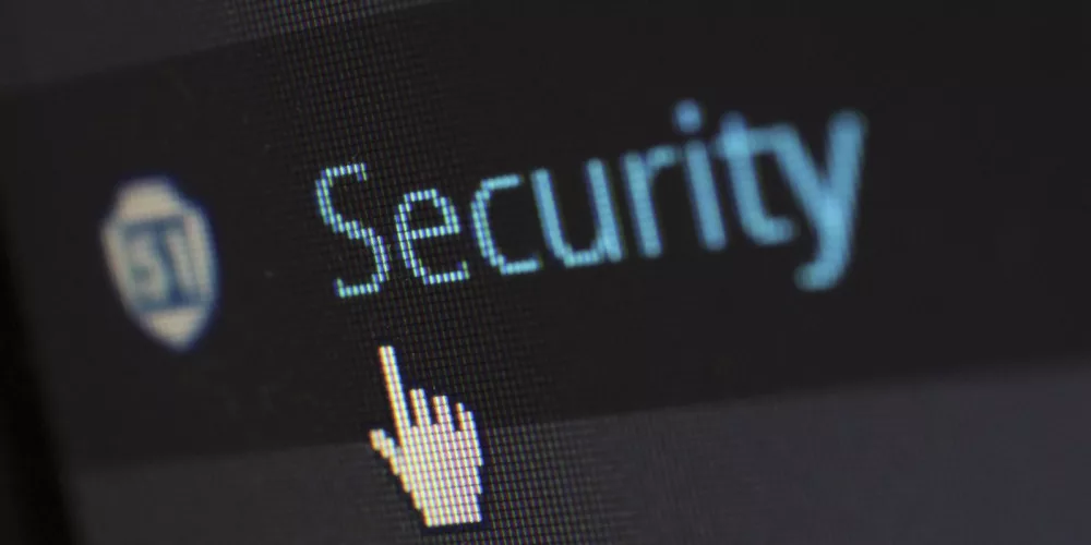 Close-up view of a mouse cursor over digital security text on display.